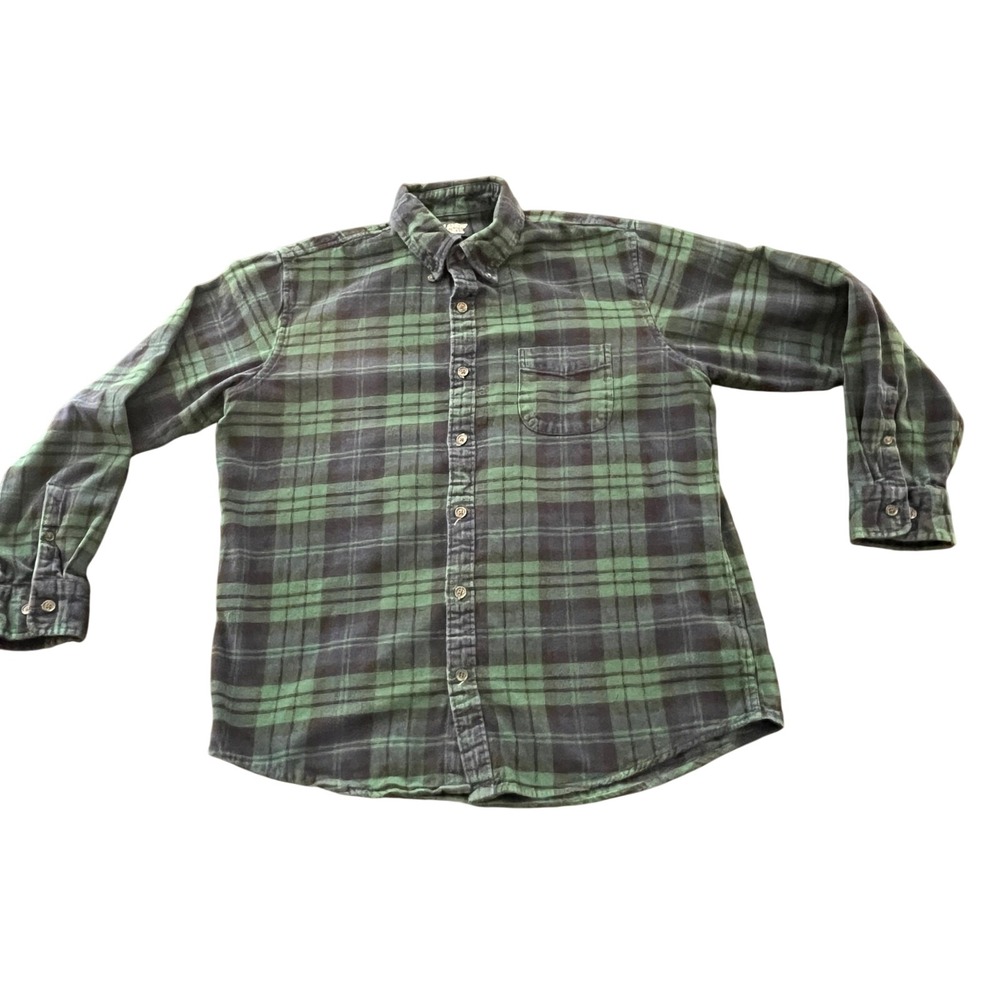 Lands End Mens Flannel Shirt L 16-16.5 Green Blue Plaid Traditional Fit Cotton